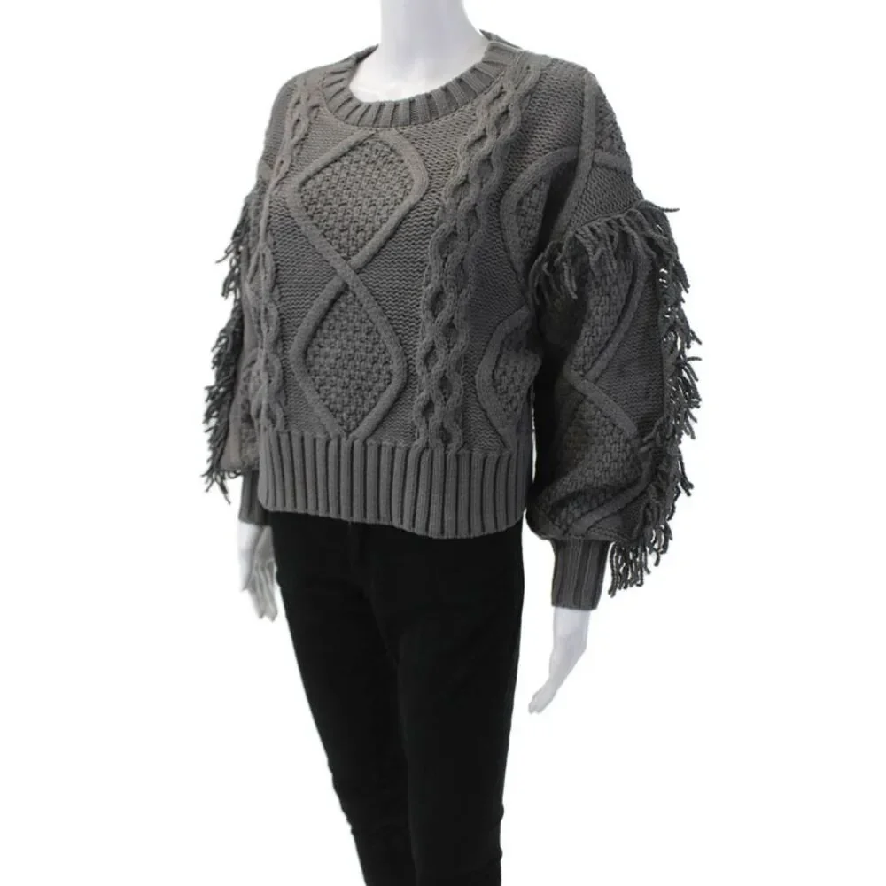Line And Dot Womens Round Neck Long Sleeves Fringe Pullover Sweater Gray Size XS